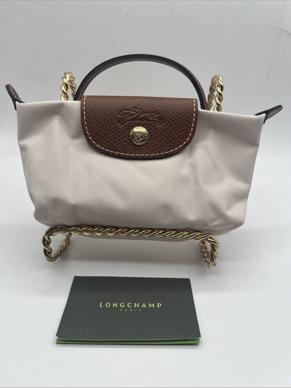 Longchamp Le Pliage Mini Top Handle Cosmetic Pouch Case Cream Brown Authentic
